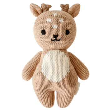light brown hand knit fawn doll by cuddle and kind