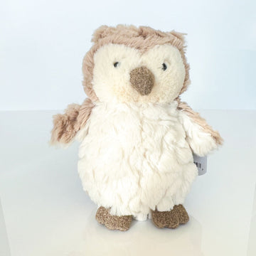 small 6" soft plush toy of a sitting owl in cream and tan colors