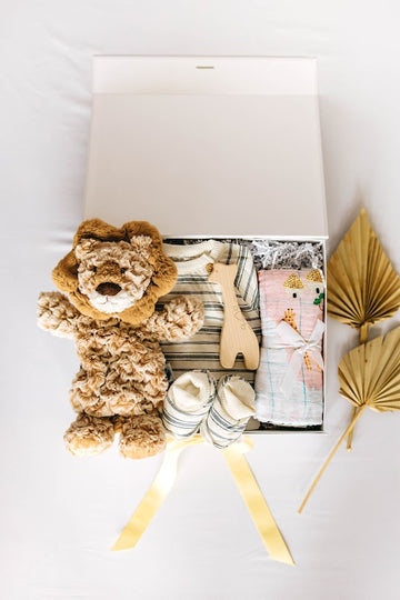 baby gift box with lion stuffed animal, giraffe teether, swaddle, and outfit