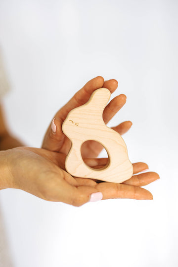 wood teething toy shaped like a bunny