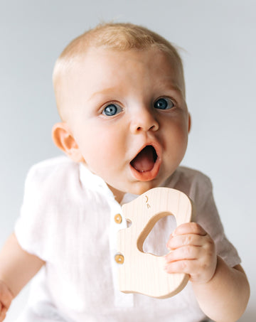 baby boy holding elephant shaped wood teething toy
