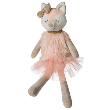 pink fox plushie wearing a pink tutu, gold bow and gold necklace