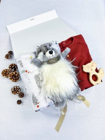 newborn boy gift set with animal swaddle, raccoon plushie, fox shaped wood teether, and brick waffle onesie