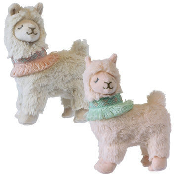 small white llama plushie with peach colored collar and blush pink llama plushie with green collar
