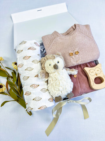 baby girl gift box with muslin swaddle, owl plushie, owl teether, and pink owl sweater and pants