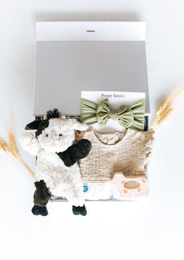 baby girl gift box with cow lovey, cow shaped wood teether, tan and white sundress and sage green headband