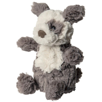 small grey and white puppy plushie with grey eye patch