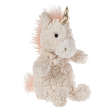 small white unicorn plushie with pink mane and gold horn