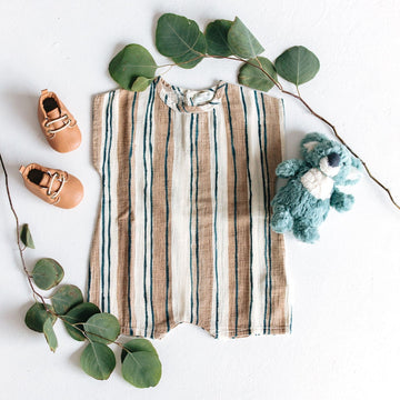 Baby shorts romper with cream, teal and tan organic stripes