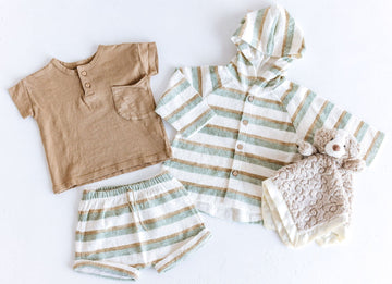 baby boy outfit with brown t-shirt, striped jacket and matching striped shorts