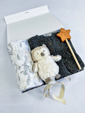 Harry Potter theme gift box for baby girls with Harry Potter swaddle, owl plushie, wand toy, and dark grey blouse