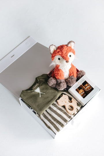 woodland theme baby boy gift set with olive green t-shirt, striped suspender shorts, fox wood teether, brown shoes, and fox plushie